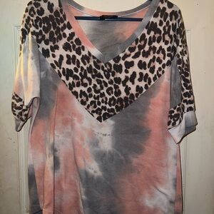 Leopard Print V-Neck Tie-Dye Top